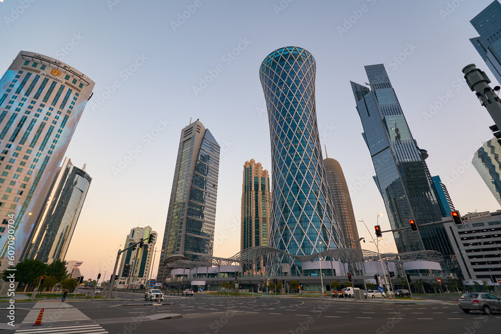 DOHA, QATAR - CIRCA MARCH, 2023: street level view of Tornado Tower in ...