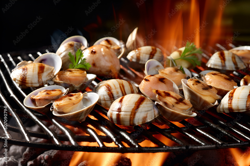Seafood BBQ concept, selective focus, closeup of grilled shrimp, mussels and oysters on the charcoal stove, generative AI content.