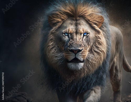 Majestic blue-eyed lion looking straight at you. Ai Generated