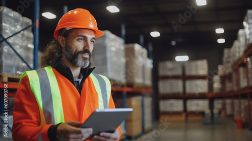 a man with tablet computer in warehouse logistics center or production center in high-bay warehouse, storage on pallets on shelves