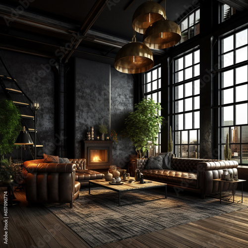 Dark living room loft with fireplace, industrial style. Generative AI © Peter