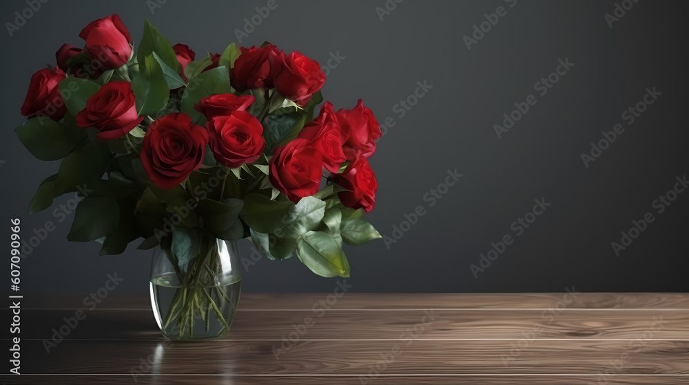 bouquet of red roses in vase with copyspace