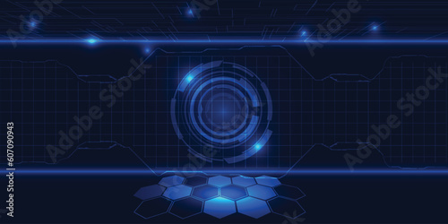 Vector illustrations of futuristic screen display for horizontal layout showcase background with optic screen and digital element grid line circuit decor.Future technolog concepts.