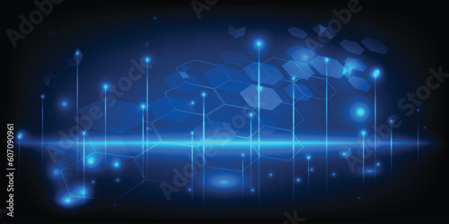Vector illustrations of futuristic blue digital perspective with floating particles,glowing skyline and hexagon network on dark blue horizontal empty space.Digital innovation and technology concepts.