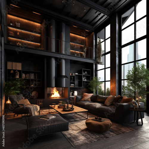 Dark living room loft with fireplace, industrial style. Generative AI