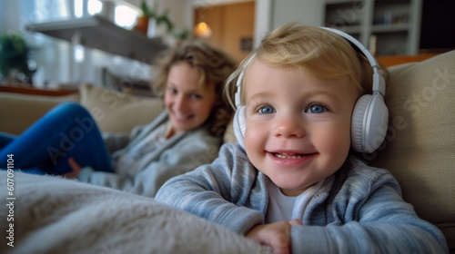 child with headphones at home, smirk smile