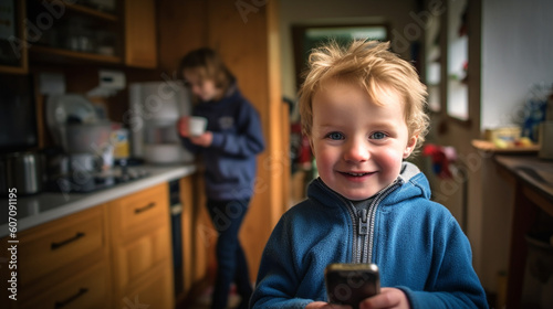 toddler, kid boy at home with a mobile phone smartphone in hand, fun and joy, online or in an app
