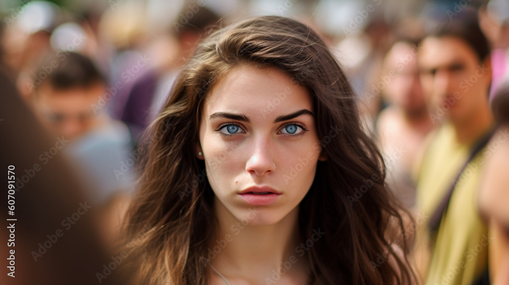 young adult brunette woman with bad mood in the crowd, people blurred in the background, sunny day young adult brunette woman with bad mood in the crowd, people blurred in the background, sunny day