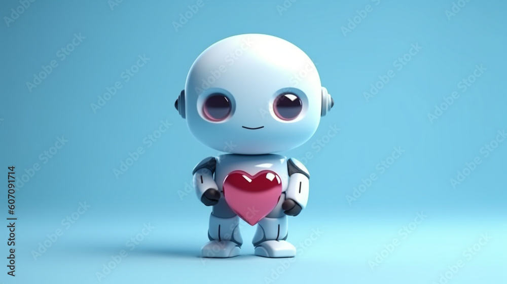 Robot cartoon with emotions holds a banner with a heart and leaves. Monochromatic minimalistic background. Illustration, generative ai Robot cartoon with emotions holds a banner with a heart and leaves. Monochromatic minimalistic background. Illustration, generative ai