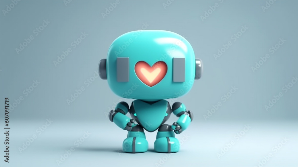 Robot cartoon with emotions holds a banner with a heart and leaves. Monochromatic minimalistic background. Illustration, generative ai