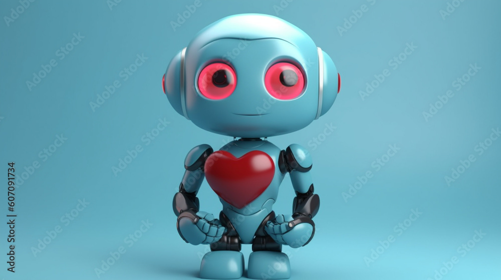 Robot cartoon with emotions holds a banner with a heart and leaves. Monochromatic minimalistic background. Illustration, generative ai