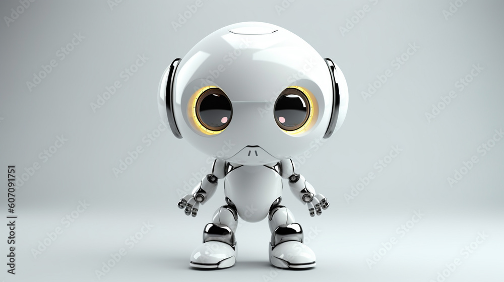 Robot cartoon with emotions holds a banner with a heart and leaves. Monochromatic minimalistic background. Illustration, generative ai Robot cartoon with emotions holds a banner with a heart and leaves. Monochromatic minimalistic background. Illustration, generative ai