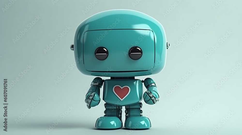 Robot cartoon with emotions holds a banner with a heart and leaves. Monochromatic minimalistic background. Illustration, generative ai Robot cartoon with emotions holds a banner with a heart and leaves. Monochromatic minimalistic background. Illustration, generative ai