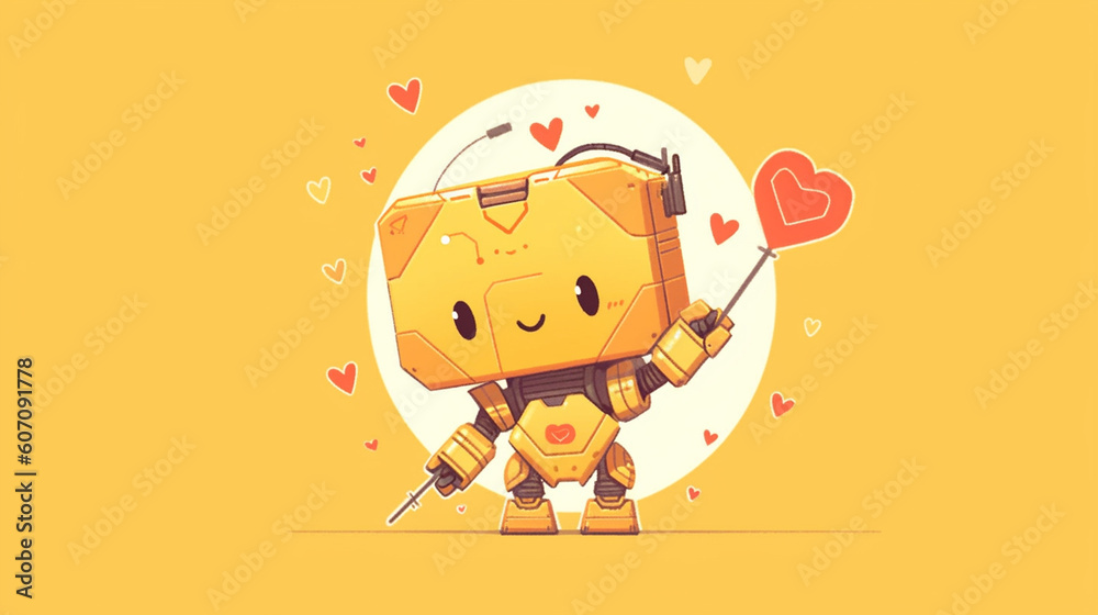 Robot cartoon with emotions holds a banner with a heart and leaves. Monochromatic minimalistic background. Illustration, generative ai Robot cartoon with emotions holds a banner with a heart and leaves. Monochromatic minimalistic background. Illustration, generative ai