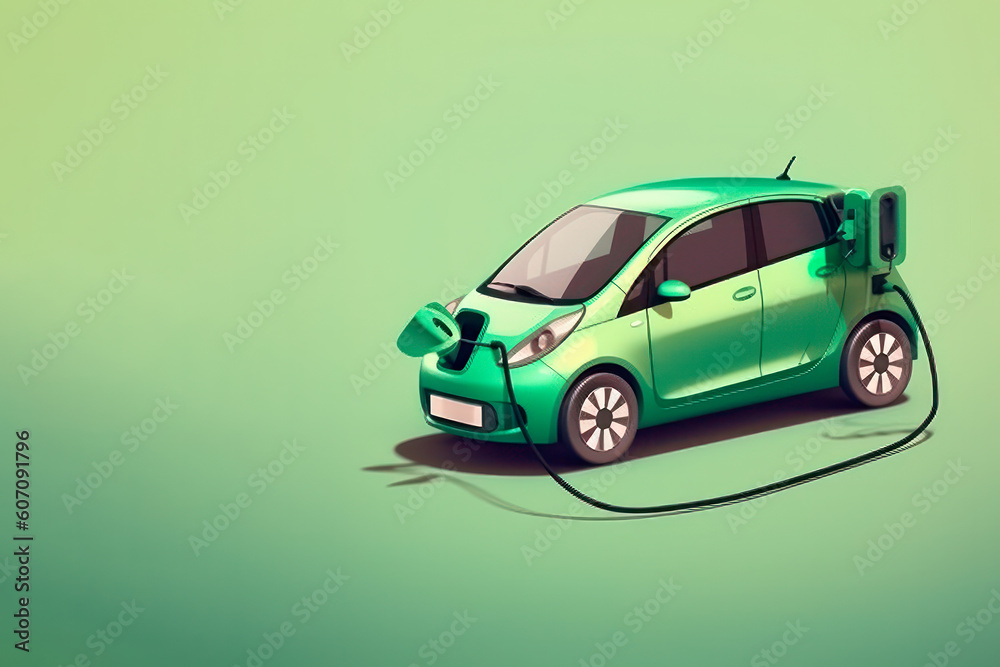 Electric car at charging station on green background. Green car isolated. Electric mobility concept. technologies of the future. Protection of the environment from air pollution
