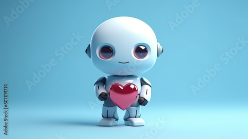 Robot cartoon with emotions holds a banner with a heart and leaves. Monochromatic minimalistic background. Illustration, generative ai © Neuro architect