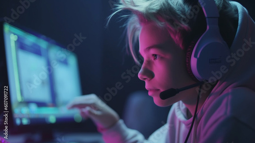 close-up child on pc, desktop computer screen, playing online computer games, typing on keyboard, close to screen, concentrating