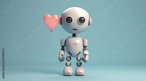 Robot cartoon with emotions holds a banner with a heart and leaves. Monochromatic minimalistic background. Illustration  generative ai