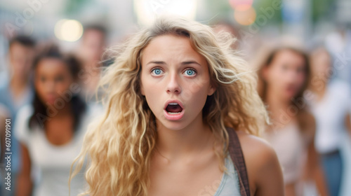 shocked or exhausted young adult woman or teenager, with many other people with negative facial expressions in the background