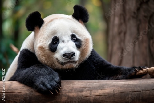 Cute panda bear climbing tree. Panda bear sitting on the tree. High quality photo. Red list. Protect save