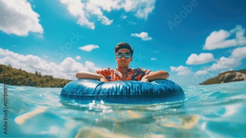 Man in sunglasses with inflatable ring floating in the sea on summer vacation. AI generative image. © vlntn