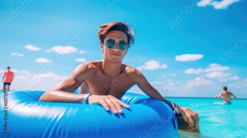 Man in sunglasses with inflatable ring floating in the sea on summer vacation. AI generative image.