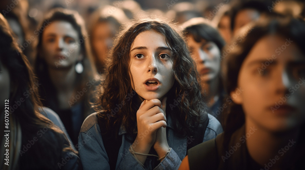 young adult people, protesting or riot, women crowds of people in a tight crowd, fictitious place