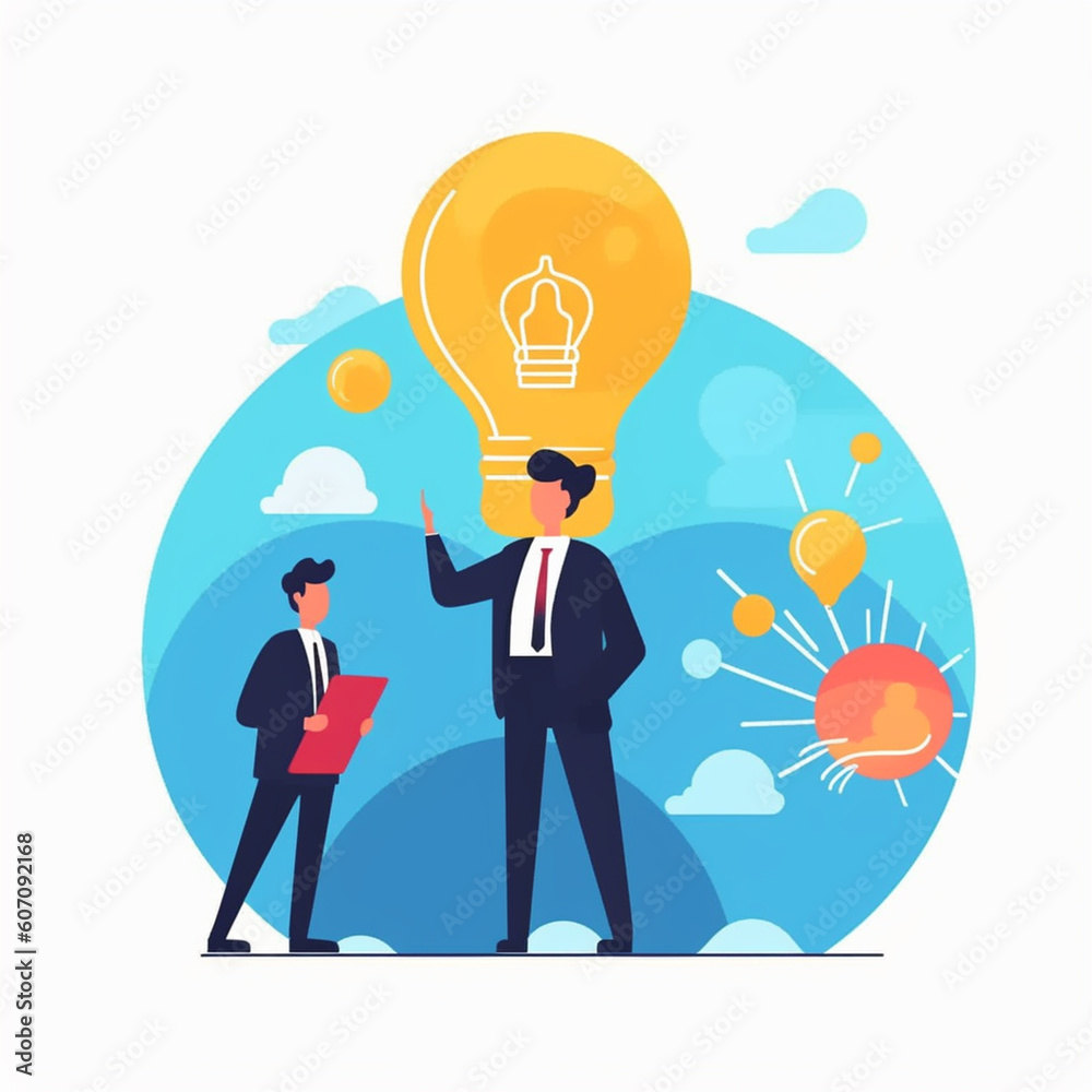 2D flat illustration image of a business man with bright ideas. Isolated on plain color background. 2D flat illustration image of a business man with bright ideas. Isolated on plain color background.