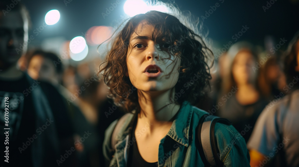 young adult people, protesting or riot, women crowds of people in a tight crowd, fictitious place