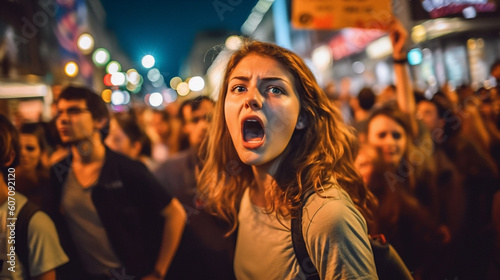 young adult people, protesting or riot, women crowds of people in a tight crowd, fictitious place