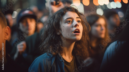 young adult people, protesting or riot, women crowds of people in a tight crowd, fictitious place