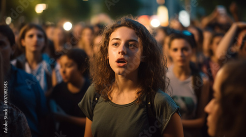 young adult people, protesting or riot, women crowds of people in a tight crowd, fictitious place