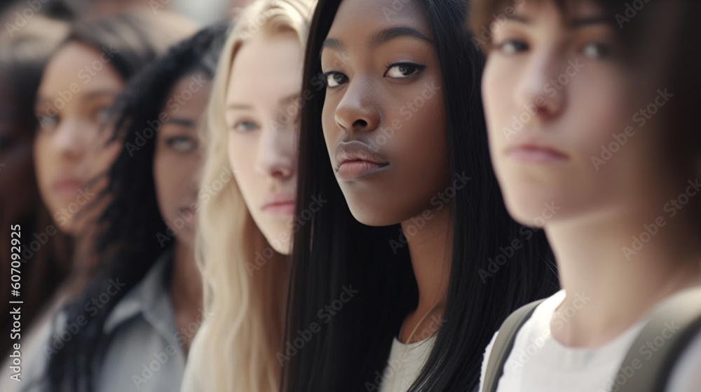 generation and teenager, fictitious place, young people or young adult women of different skin color stand in a row next to each other