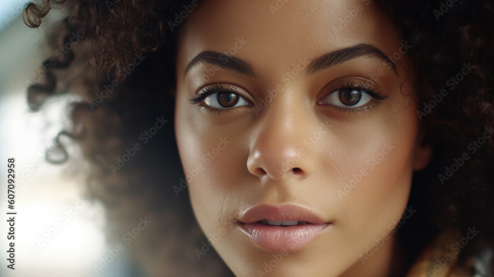 young adult woman looking forward, fictional place, airport or shopping center, blurred background location