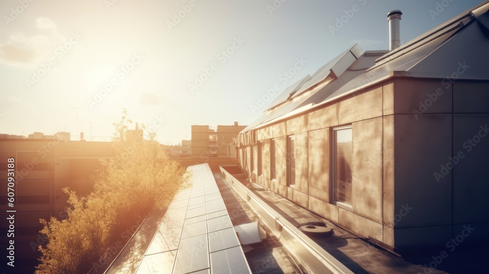 Modern house with solar panels on the rooftop with sunset on the background. Generative AI Modern house with solar panels on the rooftop with sunset on the background. Generative AI