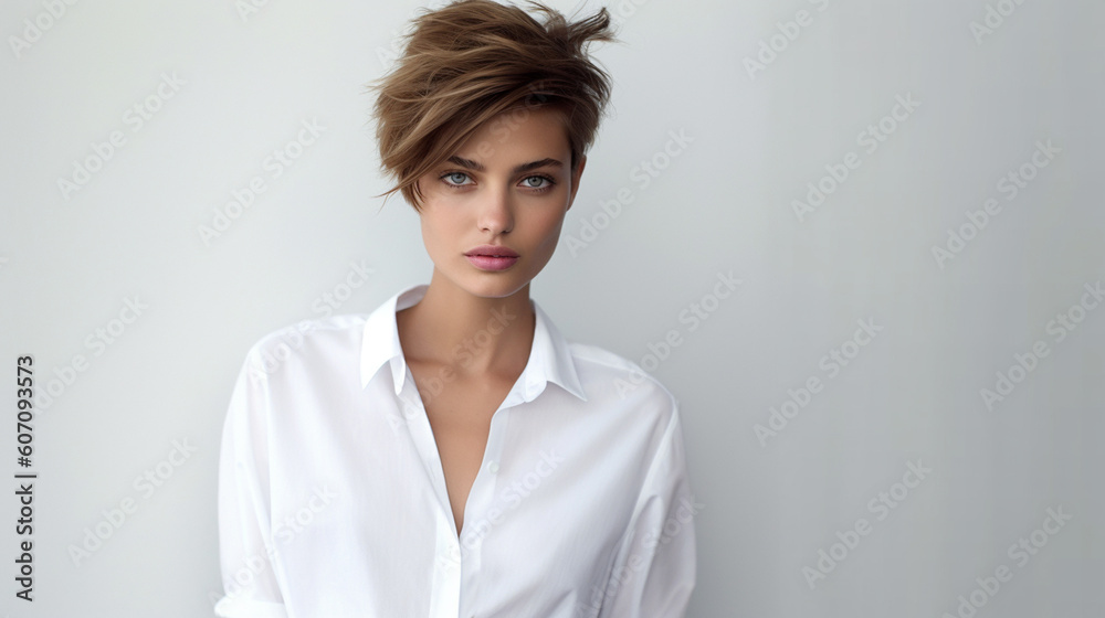 adult woman posing in white cropped summer shirt adult woman posing in white cropped summer shirt