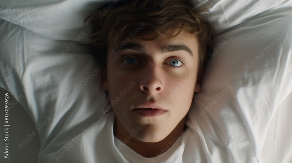 adult man with his head on the pillow in bed trying to sleep or wake up, top view, close-up adult man with his head on the pillow in bed trying to sleep or wake up, top view, close-up