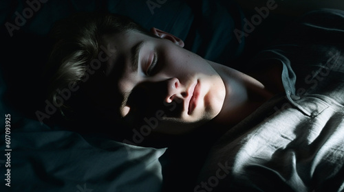 adult man with his head on the pillow in bed while sleeping, top view, close-up