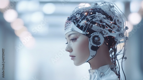 young adult caucasian woman half robot or humanoid android artificial intelligence