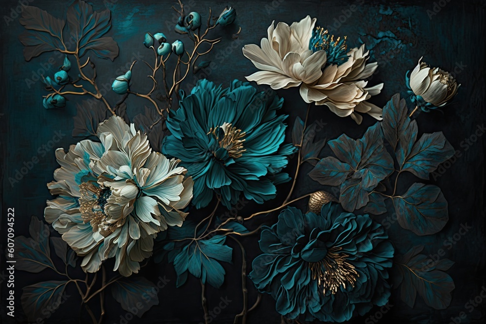Subtly textured teal painted flowers dark moody background. Generative AI AIG15. - obrazy, fototapety, plakaty 