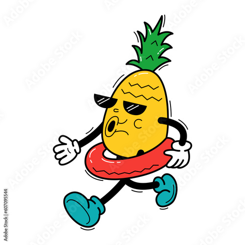 Pineapple cartoon character with inflatable ring for swimming in retro style. Isolated on a white background. Vector stock illustration.