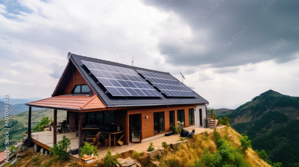 eco-friendly house with solar panels on the roof surrounded by green nature. Generative AI eco-friendly house with solar panels on the roof surrounded by green nature. Generative AI