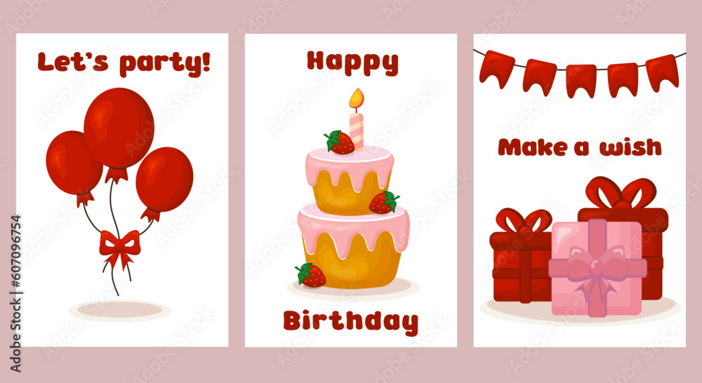 Set of birthday cards. Postcards collection with balloons, gifts, cake and garland flag. Happy birthday. Make a wish. Let's party. Vector greeting card. Set of birthday cards. Postcards collection with balloons, gifts, cake and garland flag. Happy birthday. Make a wish. Let's party. Vector greeting card.