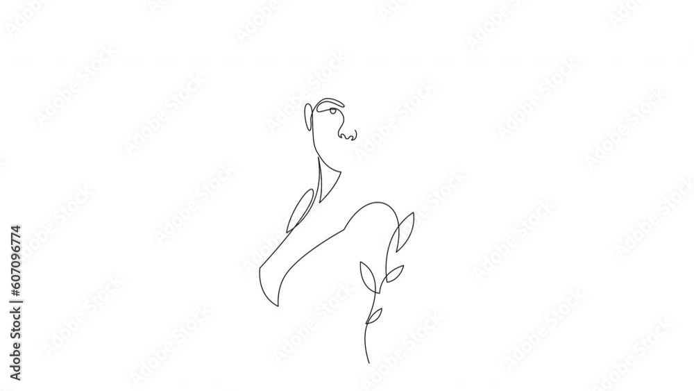 Continuous line drawing of female face with flowers. Full length one line animation of nature beauty concept. Continuous line drawing of female face with flowers. Full length one line animation of nature beauty concept.