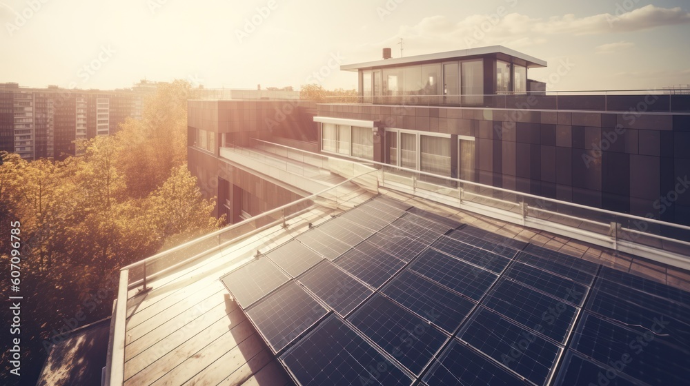 Modern house with solar panels on the rooftop with sunset on the background. Generative AI Modern house with solar panels on the rooftop with sunset on the background. Generative AI
