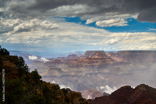A dramatic photo of the Grand Canyon after a passing thunderstorm on a August afternoon, as seen near Lipan Point on the south rim of the canyon in Arizona, USA.