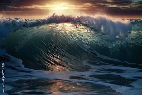 Surf wave in the ocean at sunset. 3d render illustration, generative Ai © Angus.YW