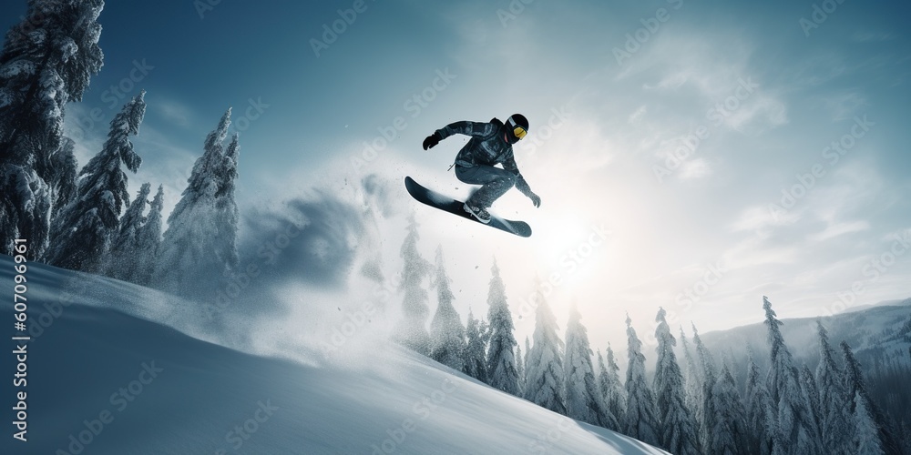 A thrilling image of a snowboarder soaring through the air, highlighting the fearlessness and skill of extreme winter sports, concept of Gravity-defying action, created with Generative AI technology A thrilling image of a snowboarder soaring through the air, highlighting the fearlessness and skill of extreme winter sports, concept of Gravity-defying action, created with Generative AI technology