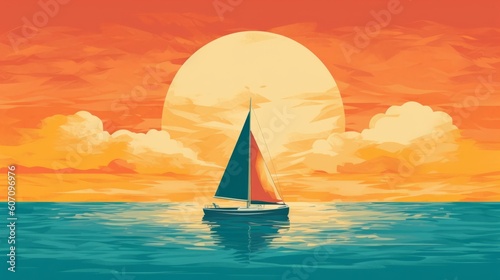 Sailing boat on the sea at sunset. Digital illustration in retro style, generative Ai