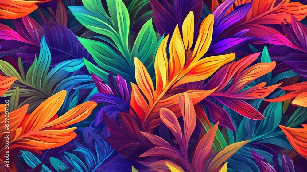 Fototapeta premium Seamless vector pattern with bright multicolored leaves of tropical plants, generative Ai